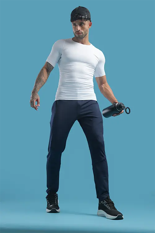 Men Spandex Regular Fit Athlete Gym Lower Navy & Feroza- C-T60