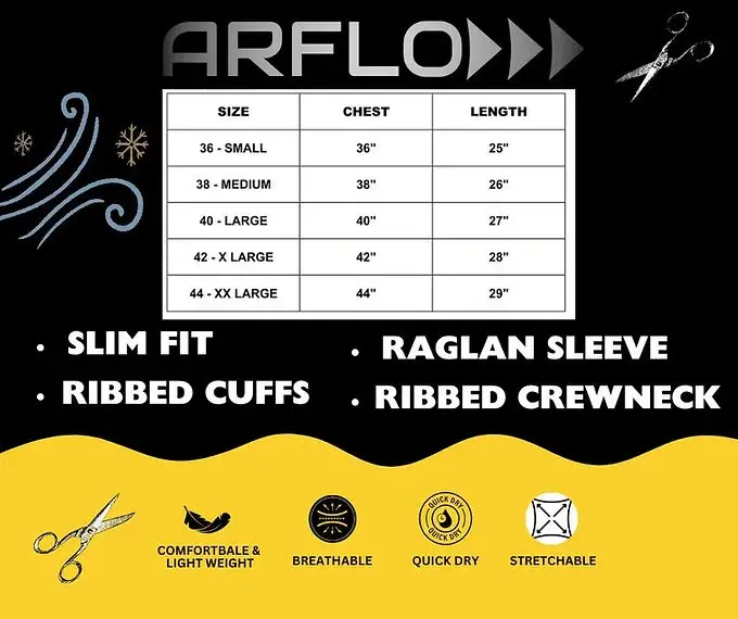 Thumbnail: ARFLO size chart: Slim fit, Raglan sleeves, Ribbed cuffs, Breathable, Quick dry, Stretchable