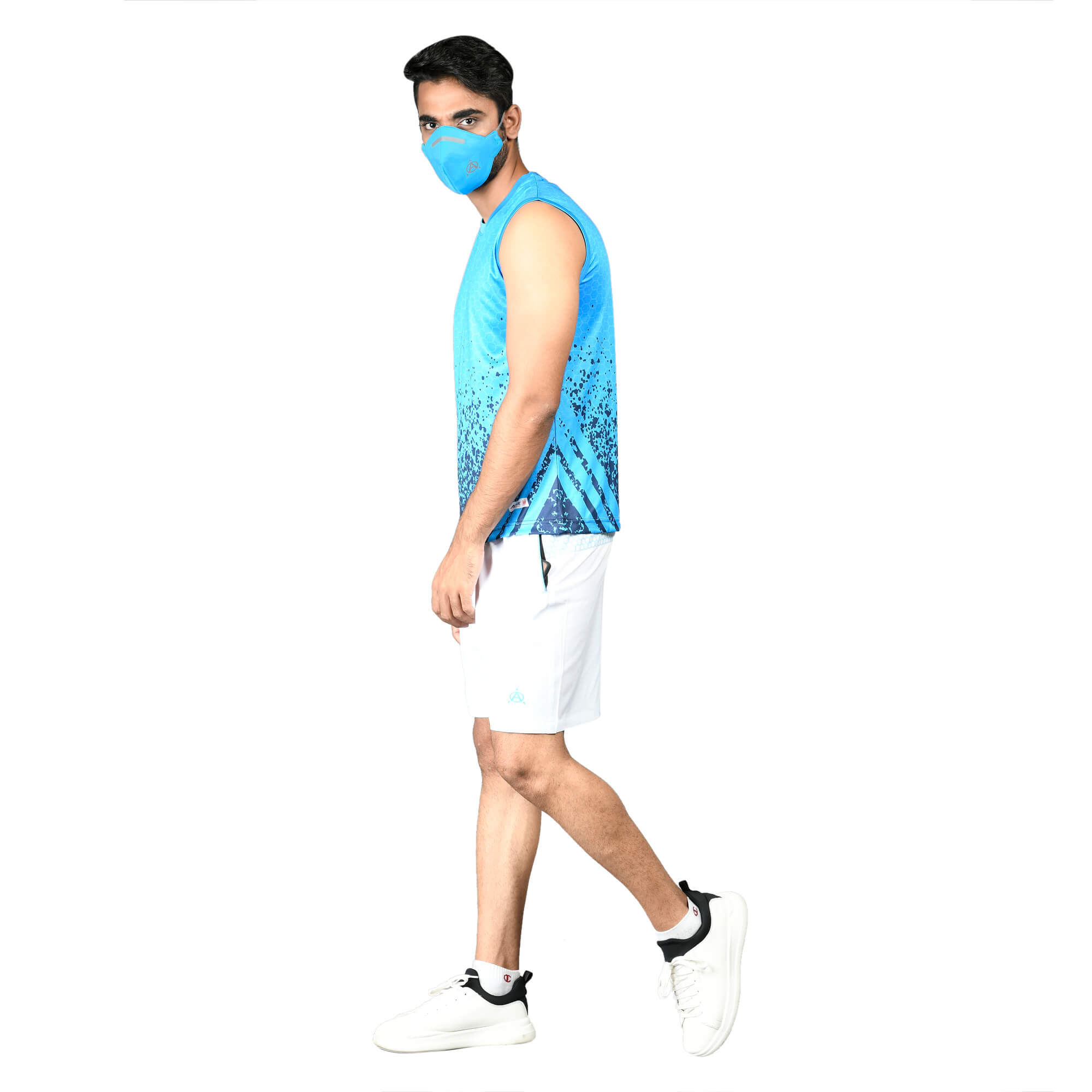 Man in blue athletic jersey and shorts