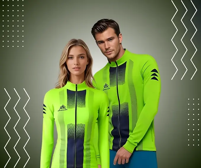 Man and woman model neon green athletic shirts