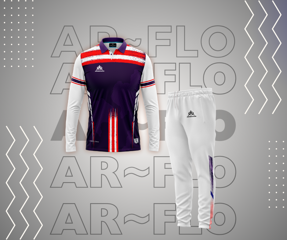 Purple and white cricket uniform: AR~FLO