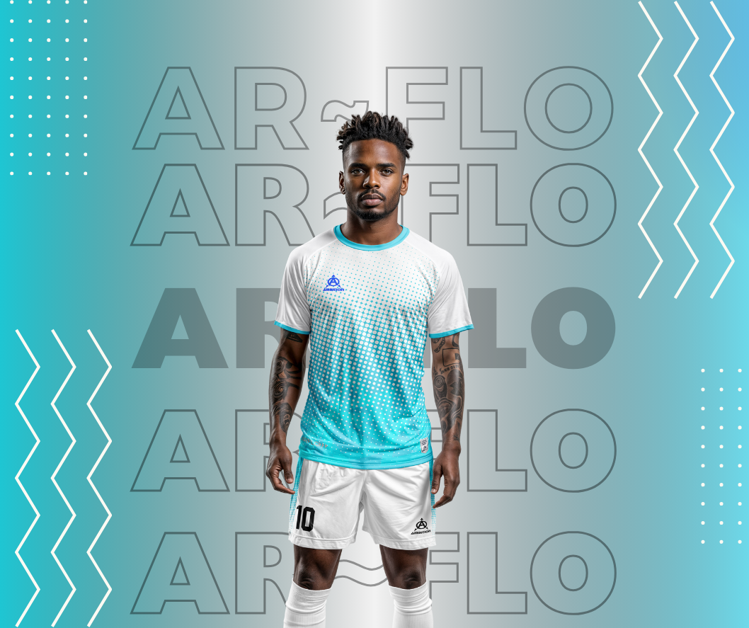 Male model in AR FLO soccer jersey