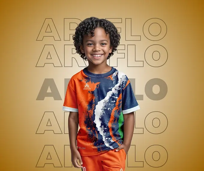 Smiling boy models Arflo athletic shirt