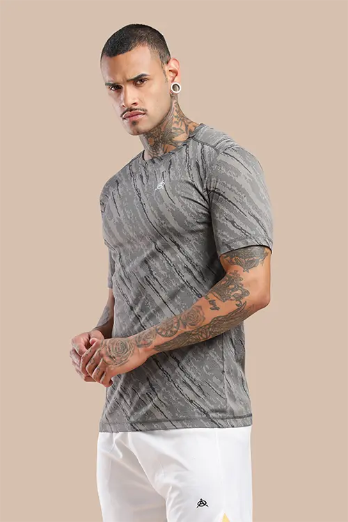 Men Jacquard Slim Fit Athlete AR-FLO Crew Neck Halfsleeve T-Shirt Grey-A422