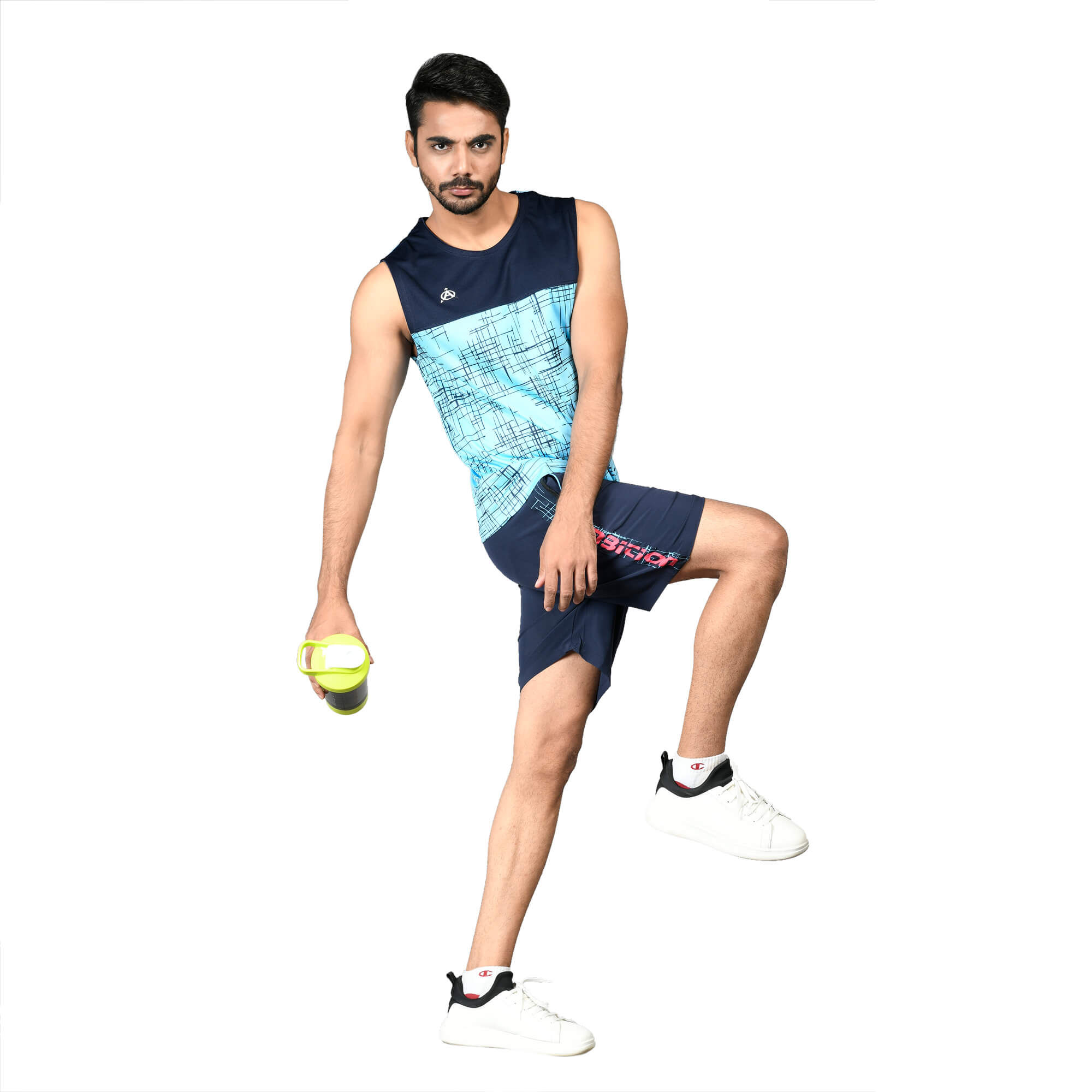 Man modeling blue athletic sleeveless shirt and shorts