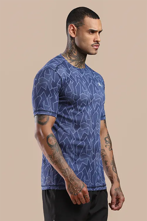 Men Jacquard Slim Fit Athlete AR-FLO Crew Neck Halfsleeve Navy-C432
