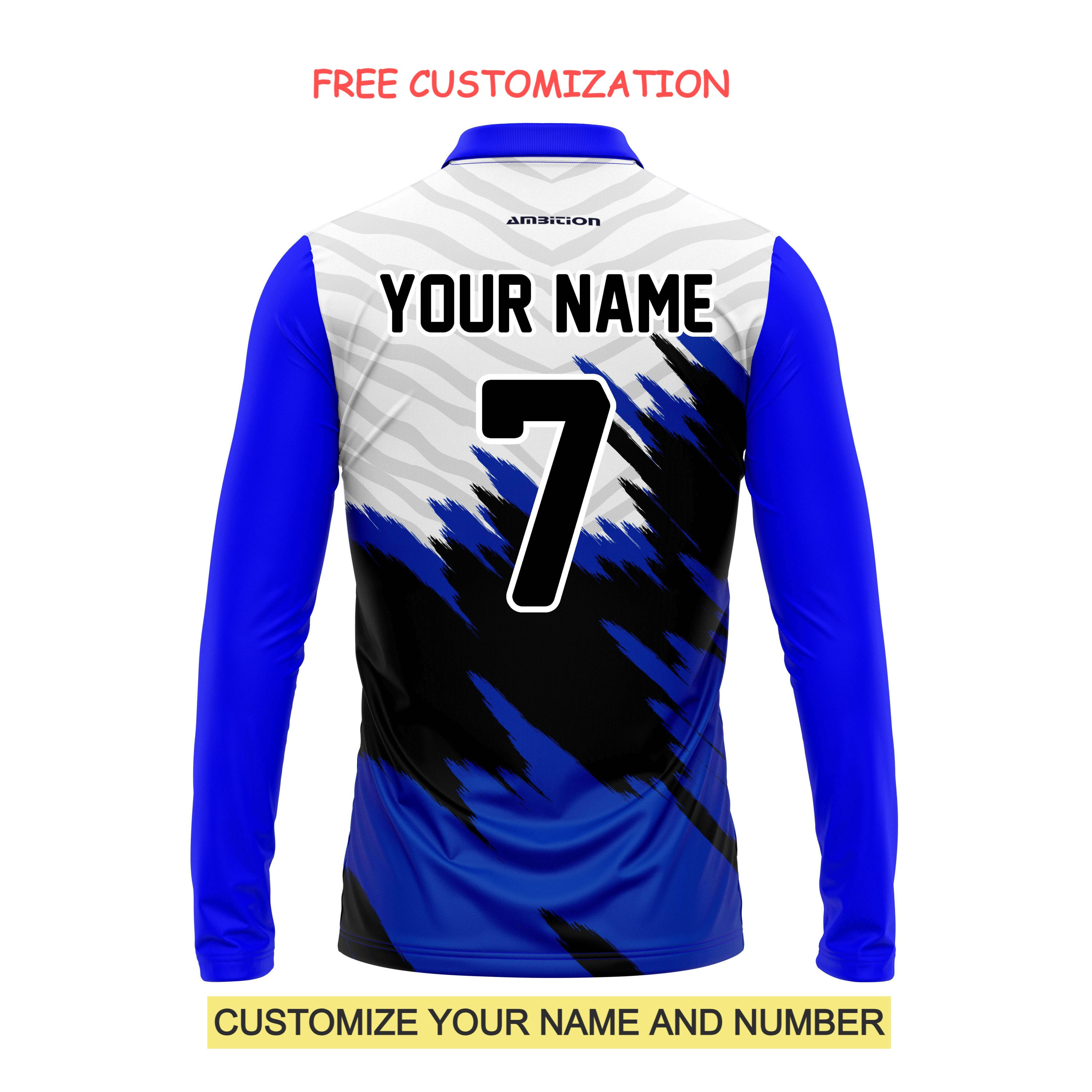 Customizable blue and white long-sleeve jersey with YOUR NAME and number 7. Free customization