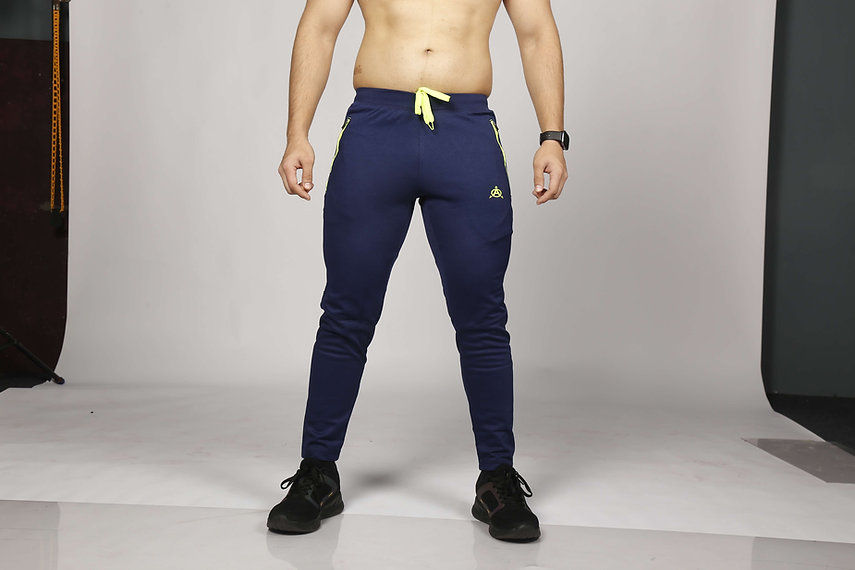 Navy blue men's athletic pants with side stripes