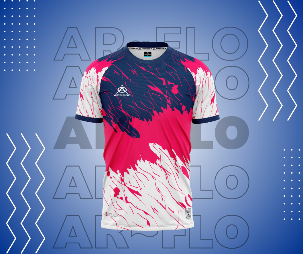 Pink and navy blue football jersey with AR FLO text