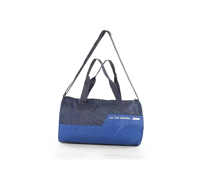 Blue and gray duffel bag with shoulder strap
