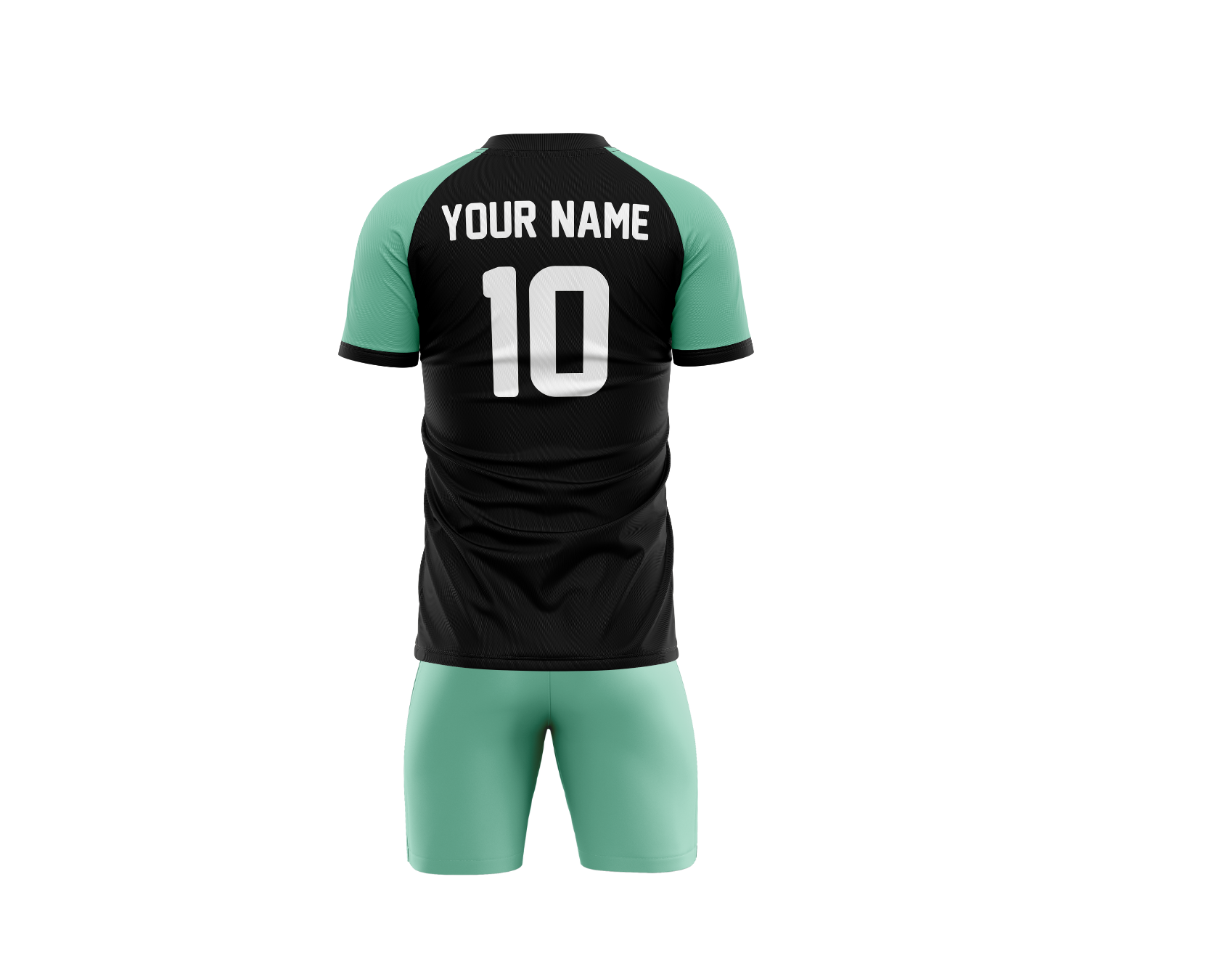 Black and teal football jersey set with 'YOUR NAME' and '10'