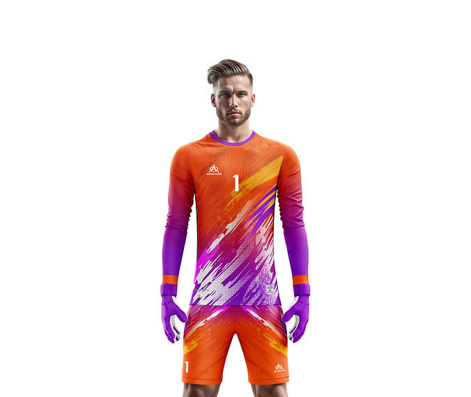 Goalkeeper in vibrant orange and purple jersey