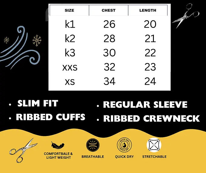 Size chart: Slim fit, ribbed cuffs, regular sleeve