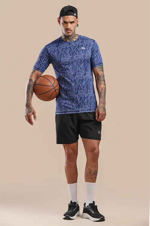 Men Jacquard Slim Fit Athlete AR-FLO Crew Neck Halfsleeve Navy-C432