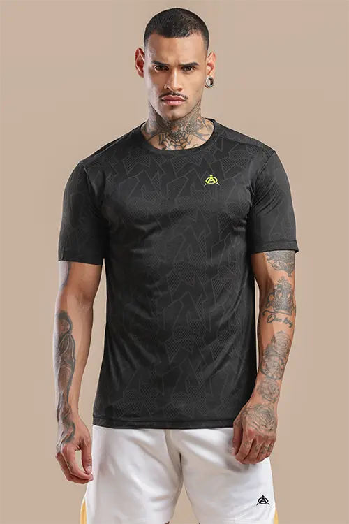 Men Jacquard Slim Fit Athlete AR-FLO Crew Neck Halfsleeve Black-C432