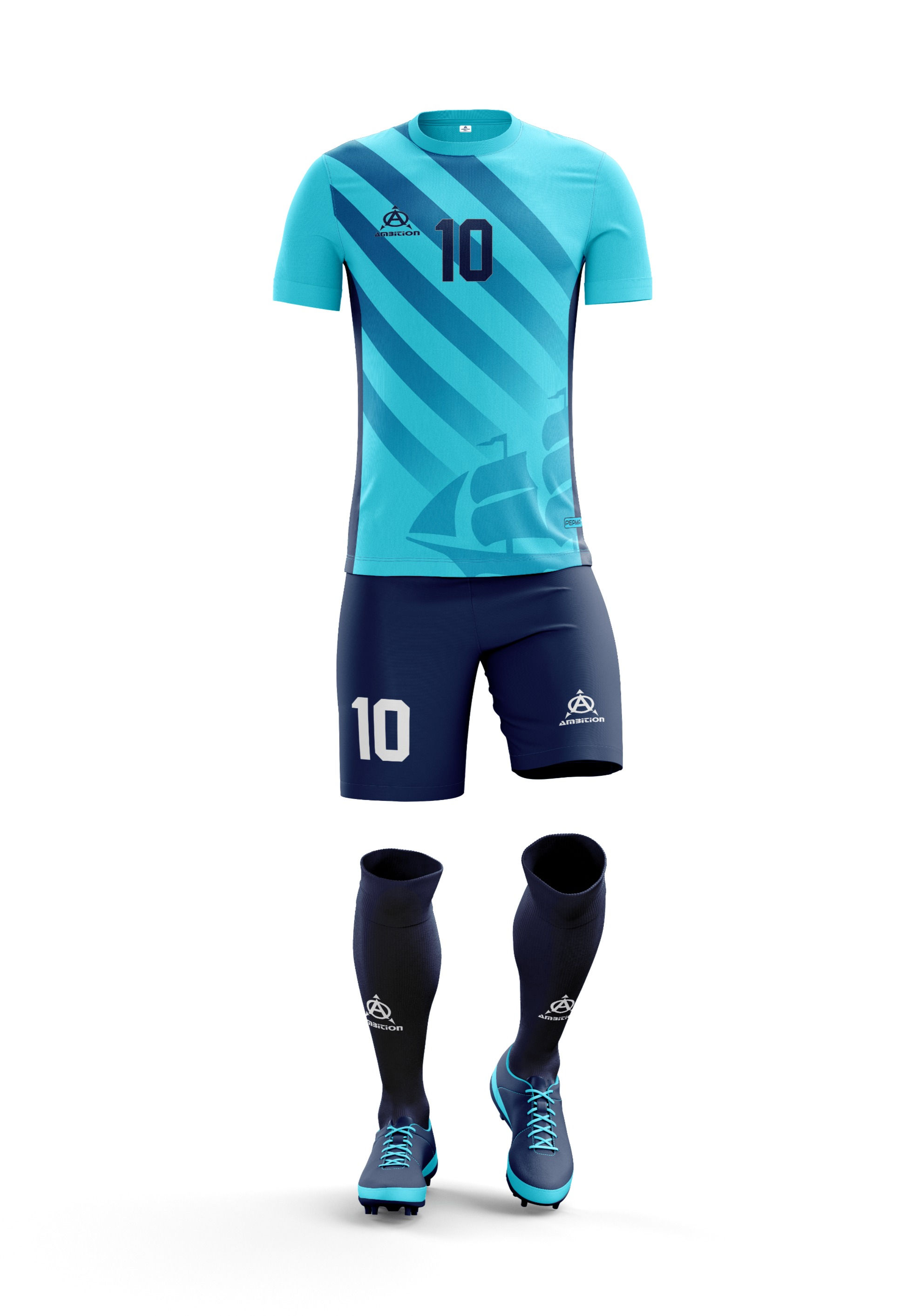 Blue and navy soccer uniform, number 10