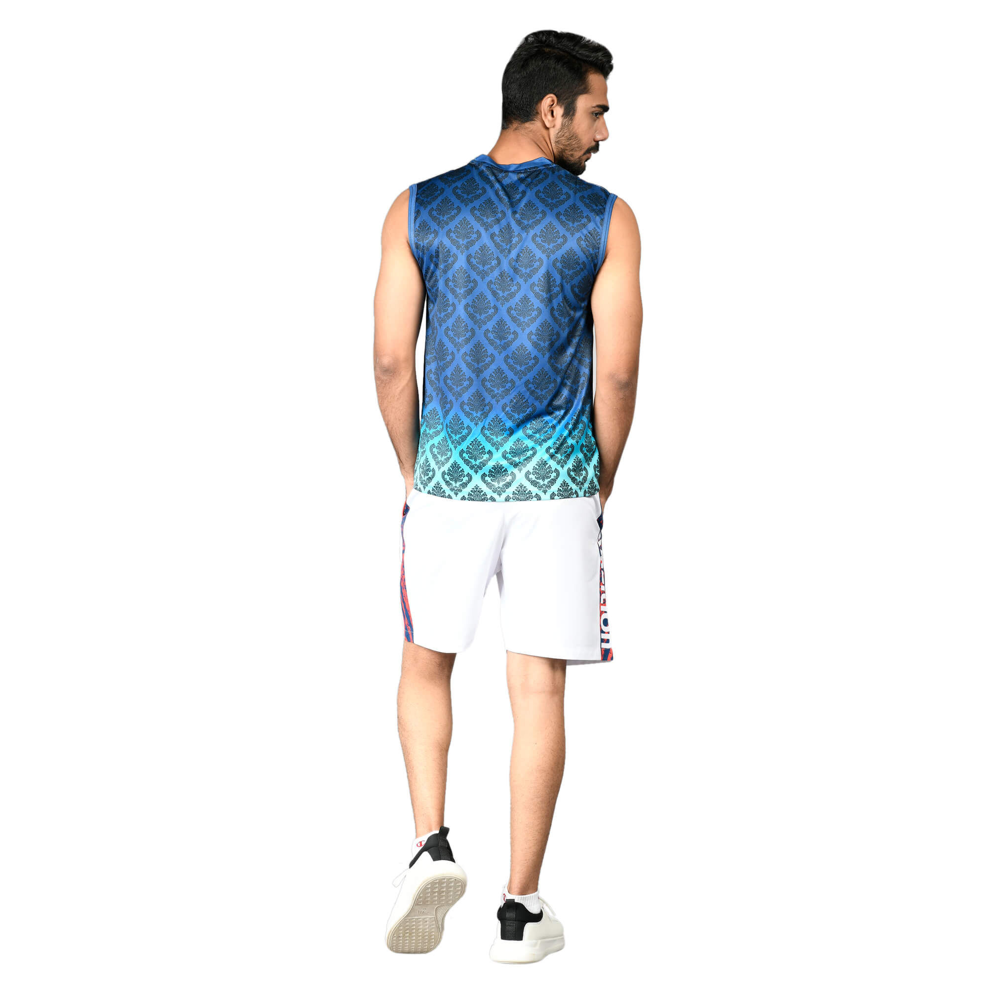 Man in blue and white athletic wear