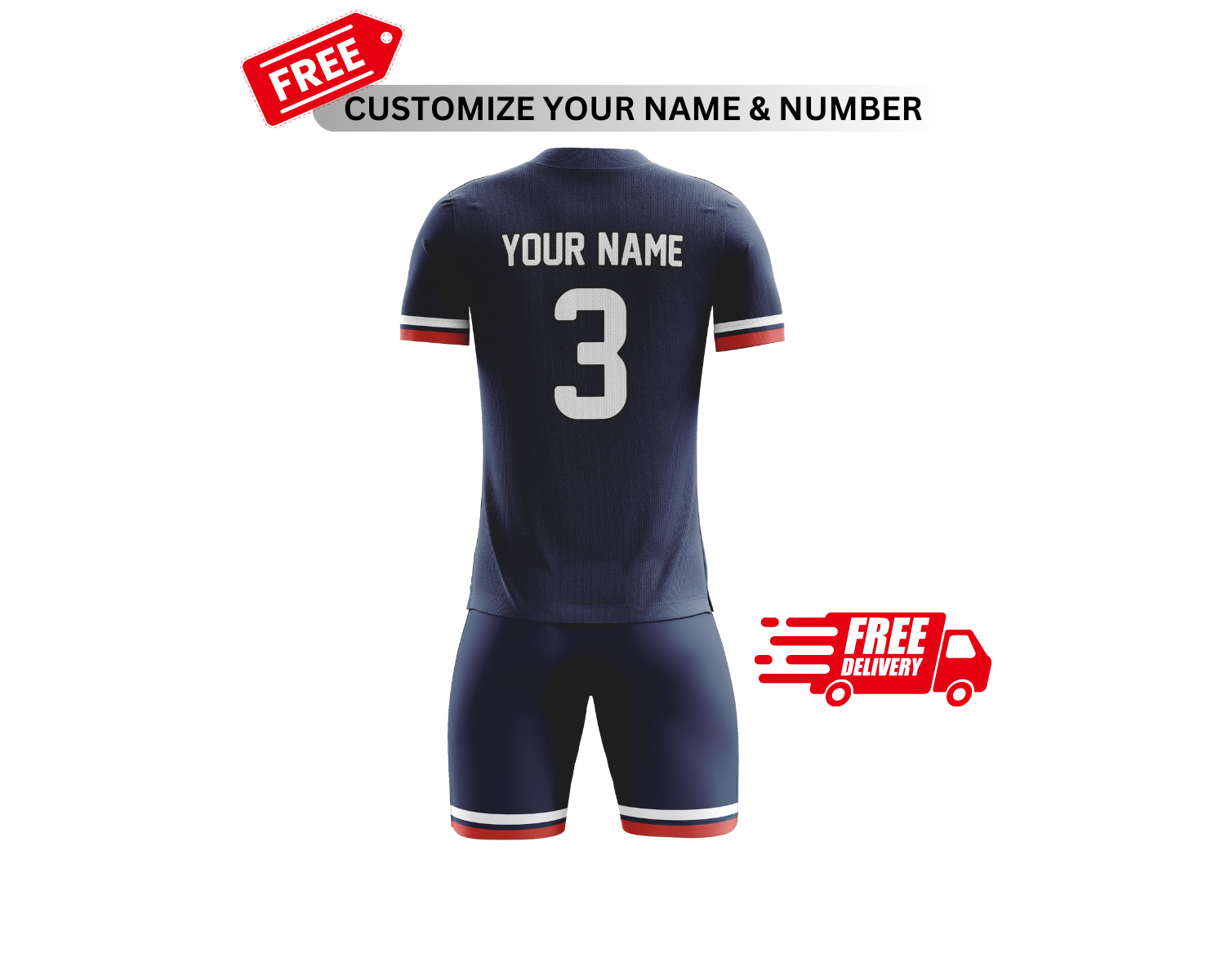 Customizable navy blue football jersey, shorts set; free name, number