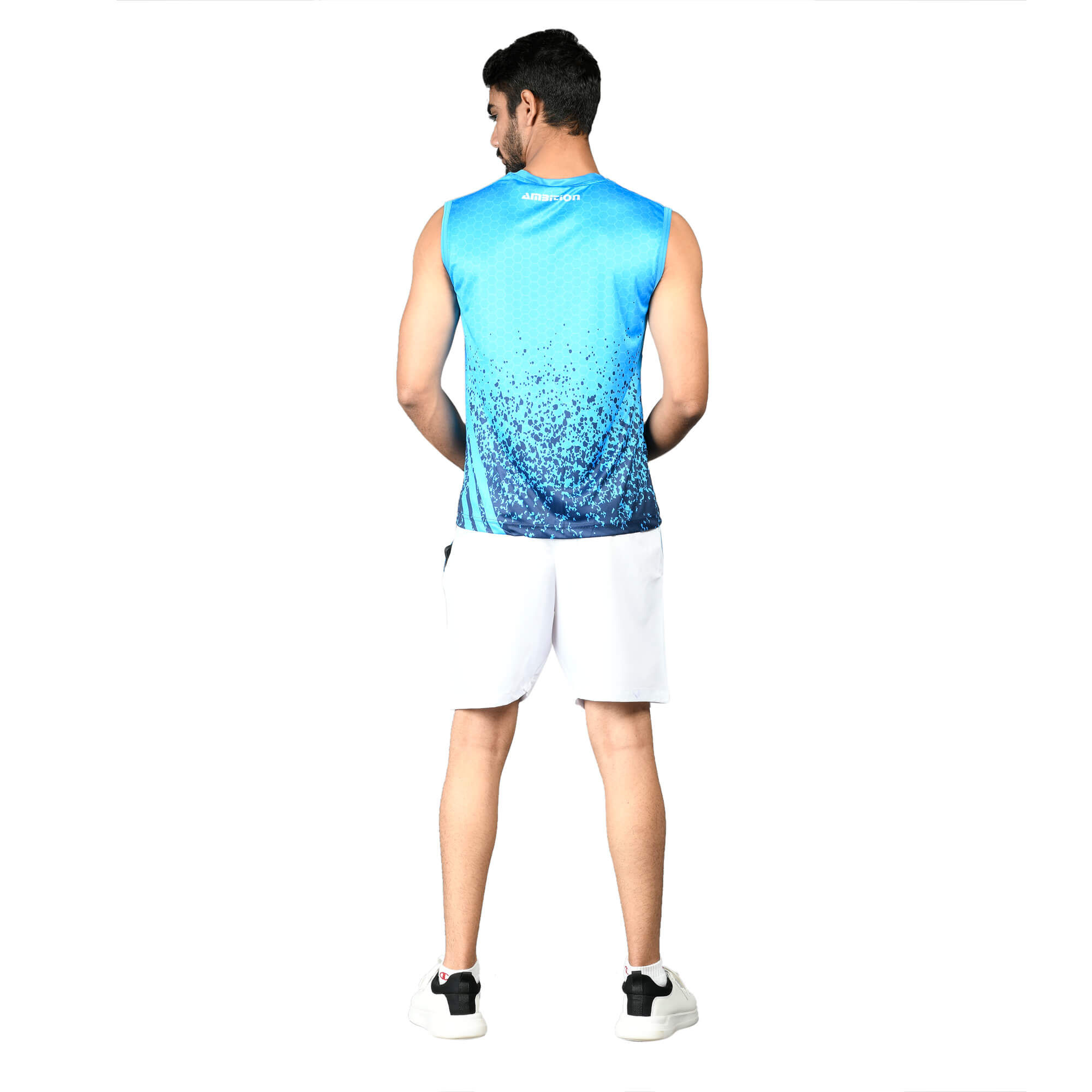 Man in blue sleeveless athletic shirt and white shorts