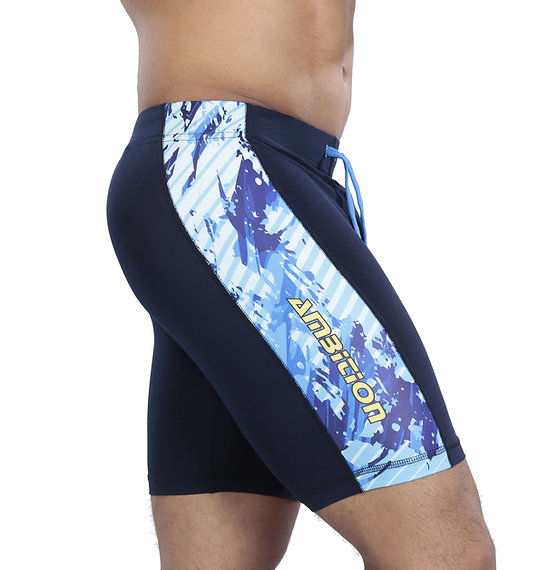 Men's black compression shorts with blue and white pattern