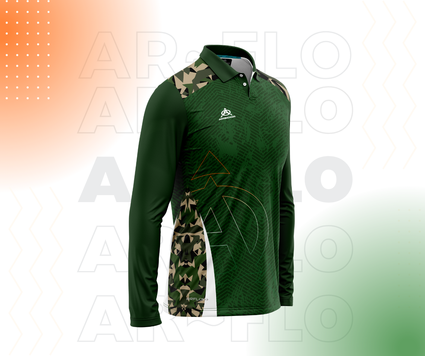 Green long-sleeve polo shirt with camouflage design