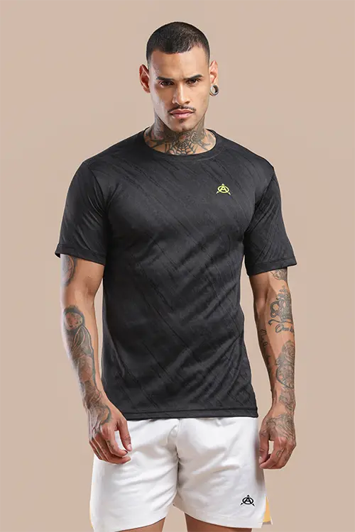 Men Jacquard Slim Fit Athlete AR-FLO Crew Neck Halfsleeve T-Shirt Black-A422
