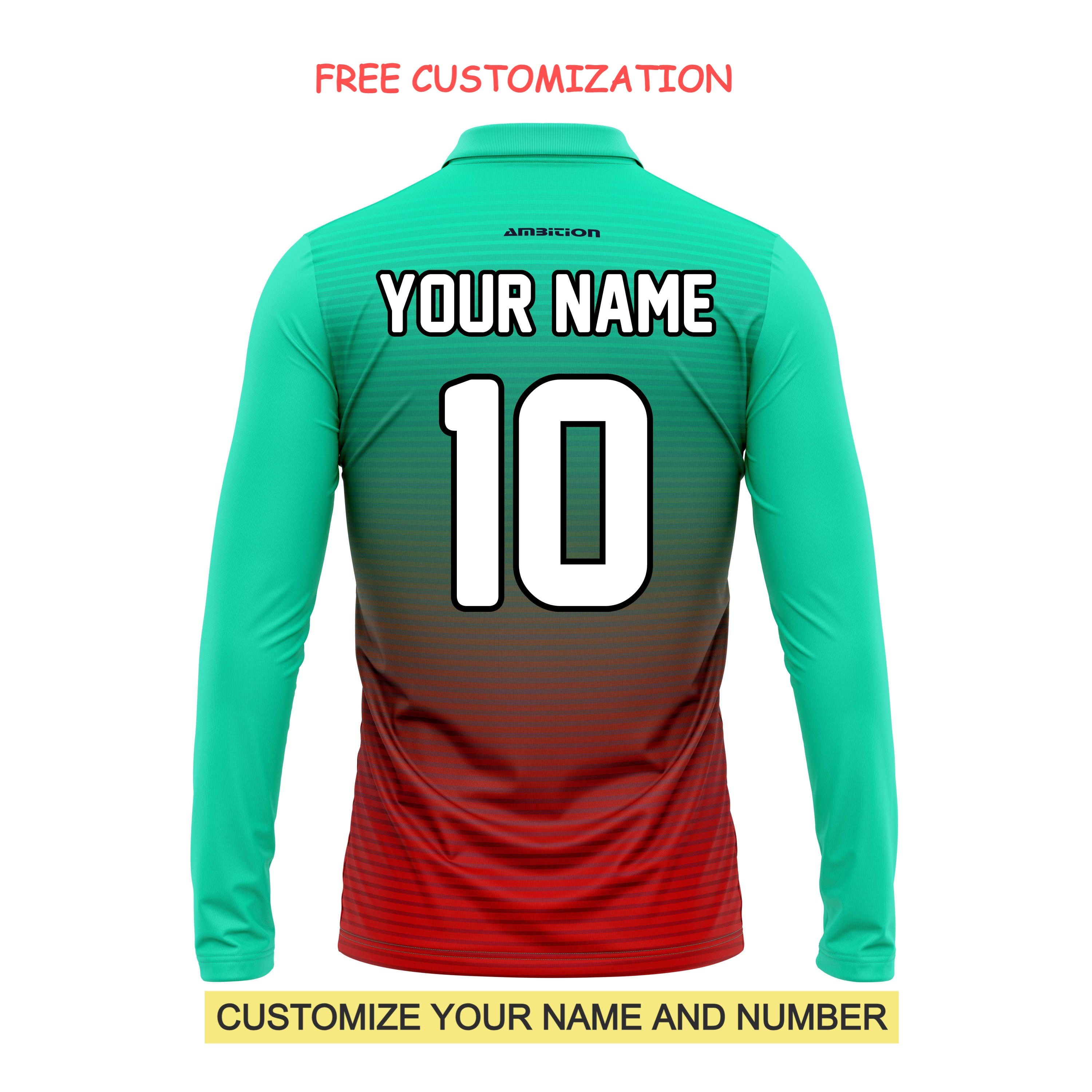 Customizable cricket jersey, long sleeves, green-red gradient, YOUR NAME 10, free customization