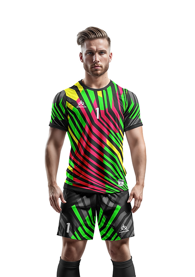Man modeling vibrant neon soccer jersey, shorts, number 1