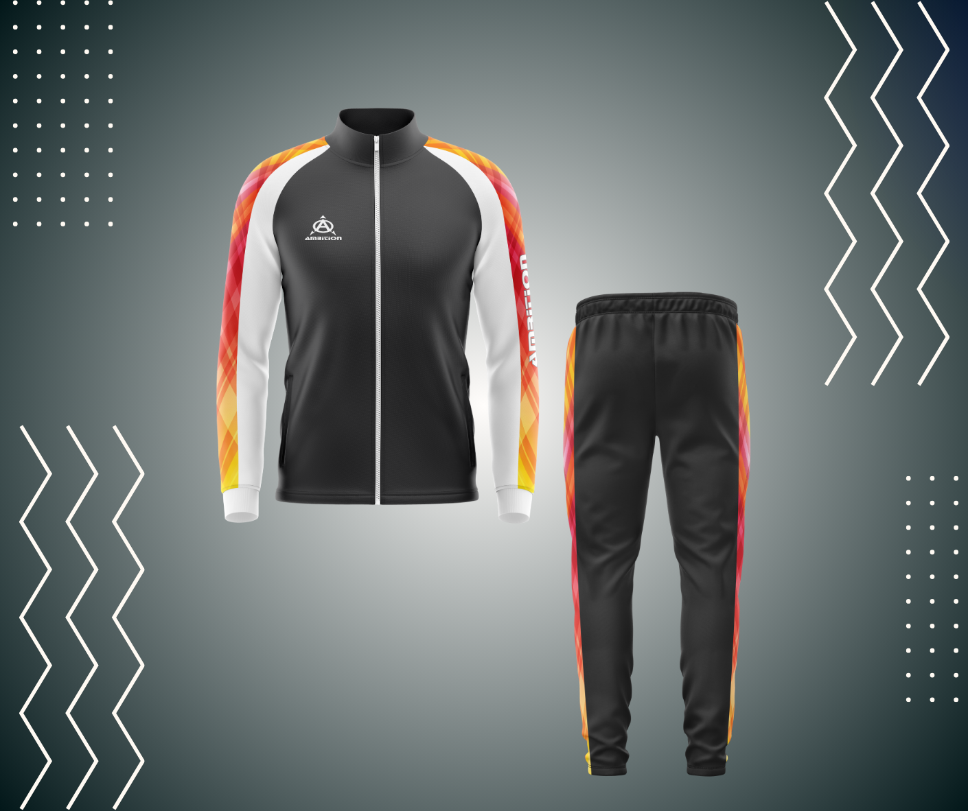 Black and white tracksuit with orange accents