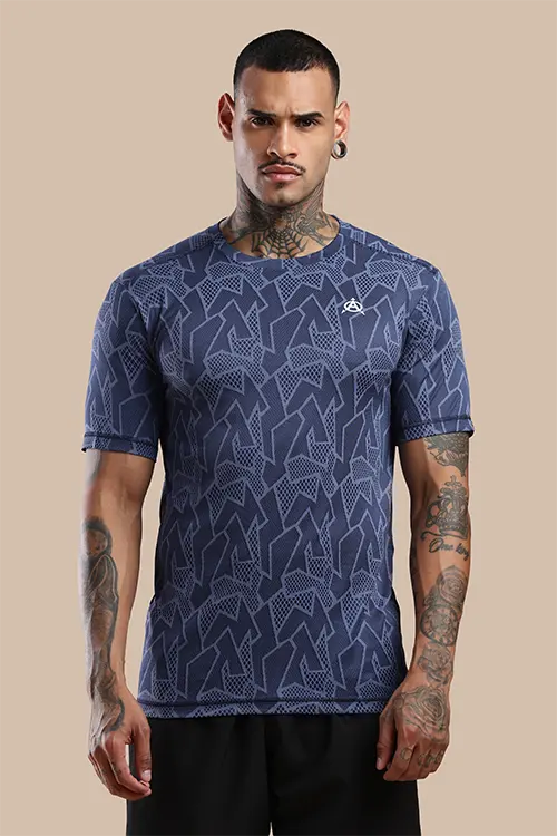 Men Jacquard Slim Fit Athlete AR-FLO Crew Neck Halfsleeve Navy-C432