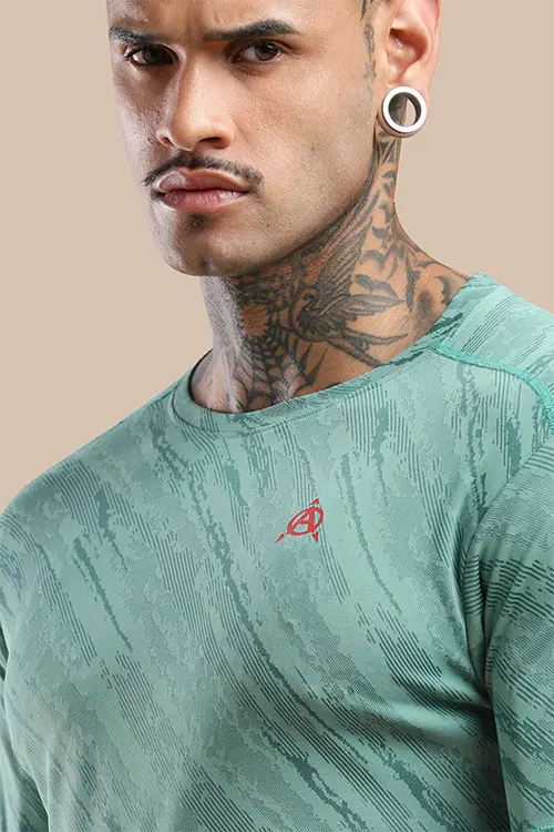 Men Jacquard Slim Fit Athlete AR-FLO Crew Neck Halfsleeve T-Shirt My Green-A422