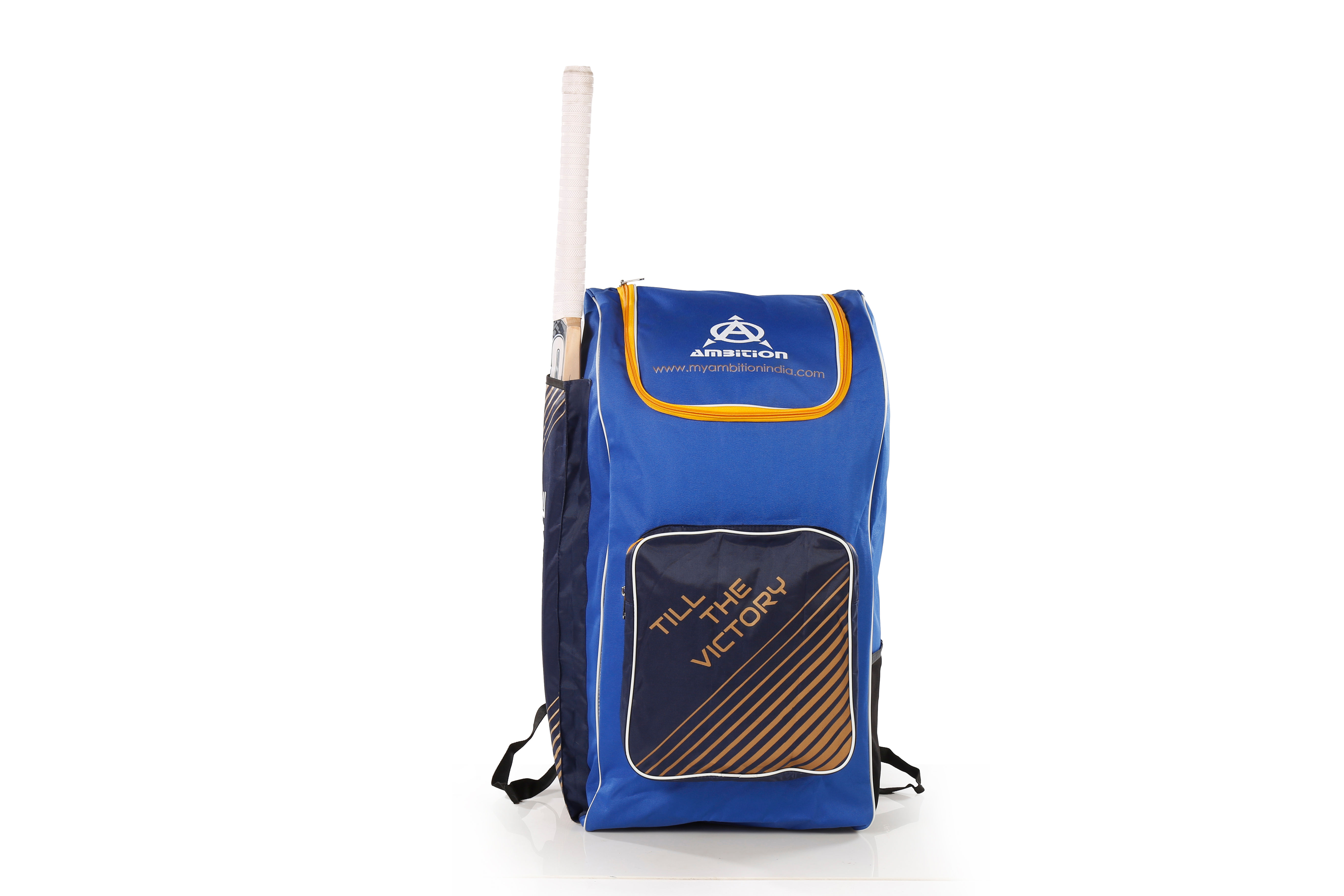 Blue cricket kit bag with bat, Till Victory