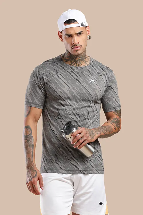 Men Jacquard Slim Fit Athlete AR-FLO Crew Neck Halfsleeve T-Shirt Grey-A422