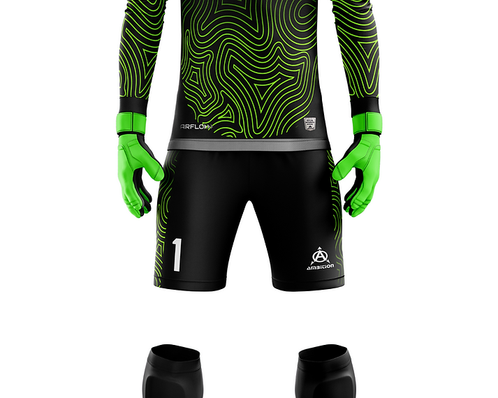 Goalkeeper kit: black, lime green swirl design, number 1