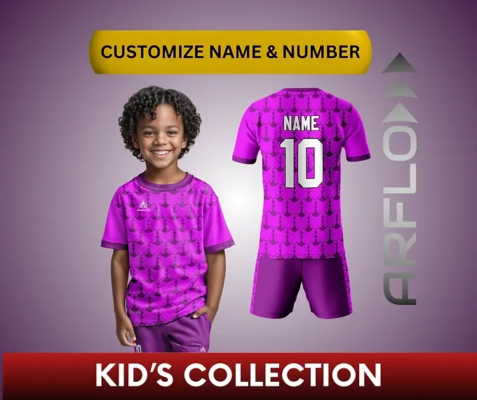 Purple customizable kid's soccer uniform, name, number, KID'S COLLECTION