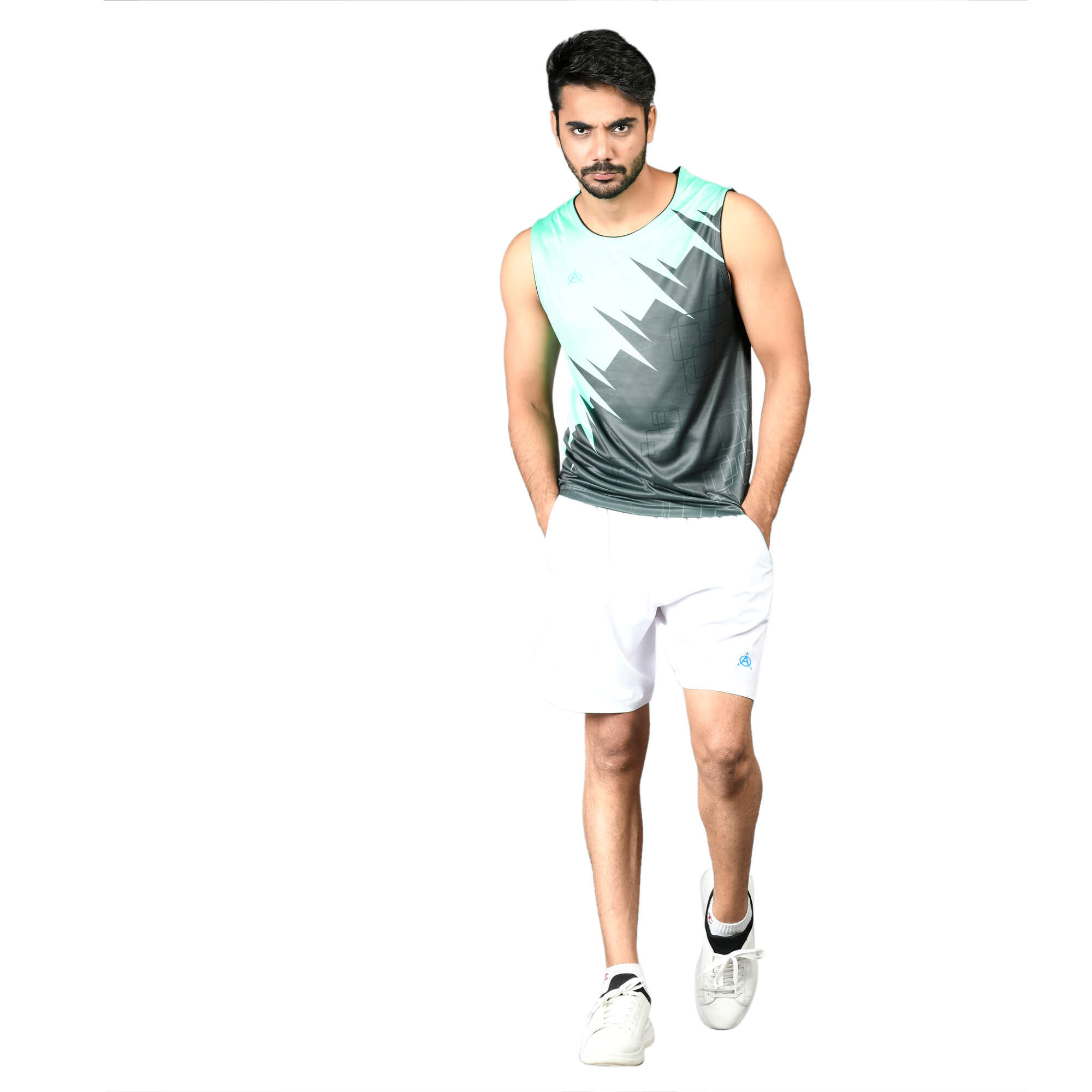 Man in stylish gray and white athletic jersey set