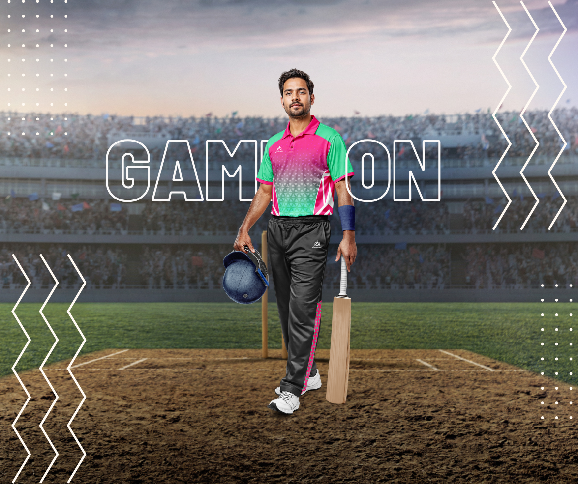 Man in cricket uniform, GAME ON, holding bat and cap