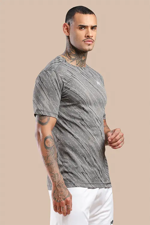 Men Jacquard Slim Fit Athlete AR-FLO Crew Neck Halfsleeve T-Shirt Grey-A422