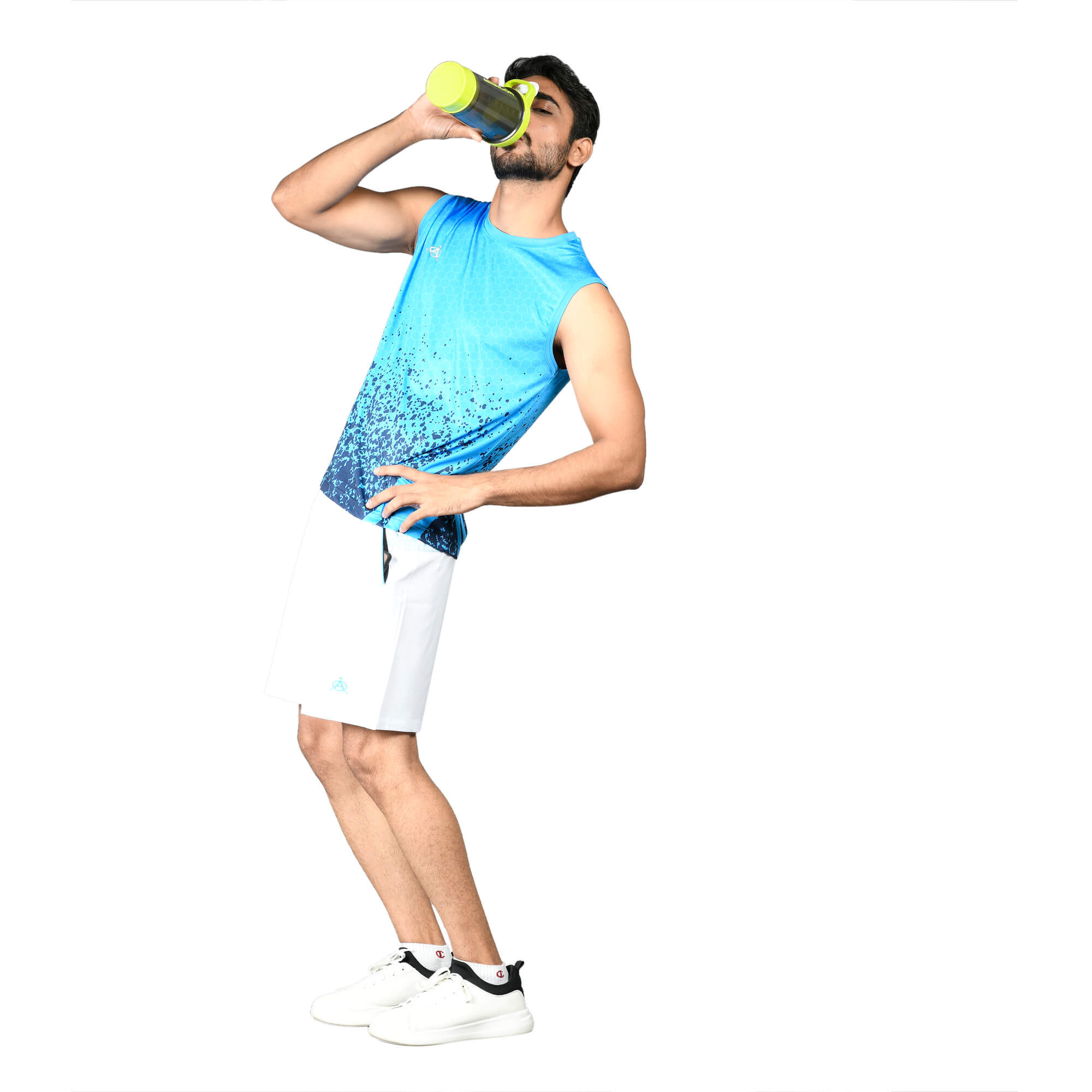 Man in blue athletic shirt and white shorts drinks from a shaker bottle