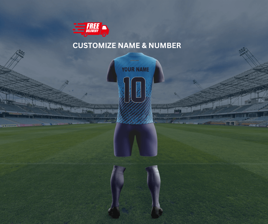 Customizable blue football jersey with name and number 10, in stadium