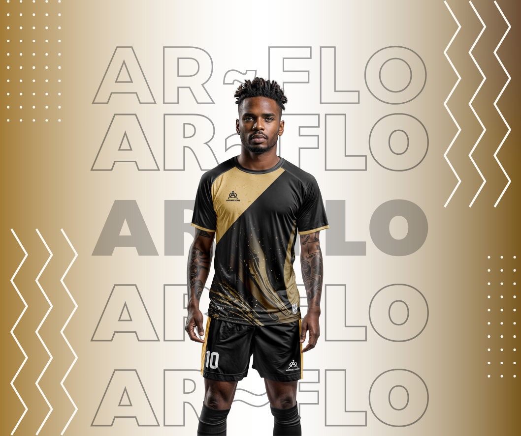 Male model in Adidas soccer jersey, AR FLO branding