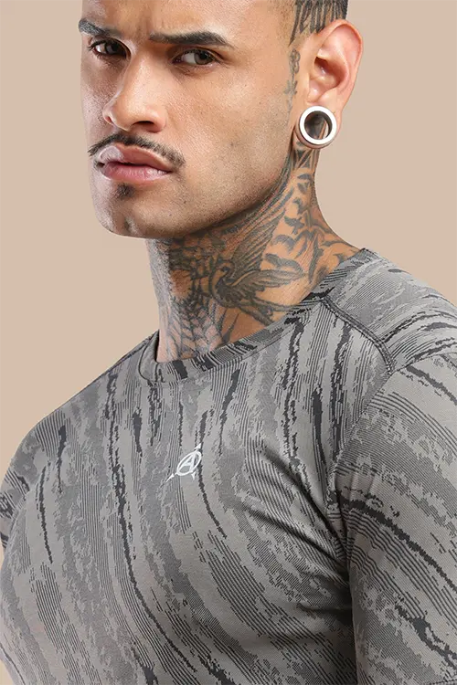 Men Jacquard Slim Fit Athlete AR-FLO Crew Neck Halfsleeve T-Shirt Grey-A422 