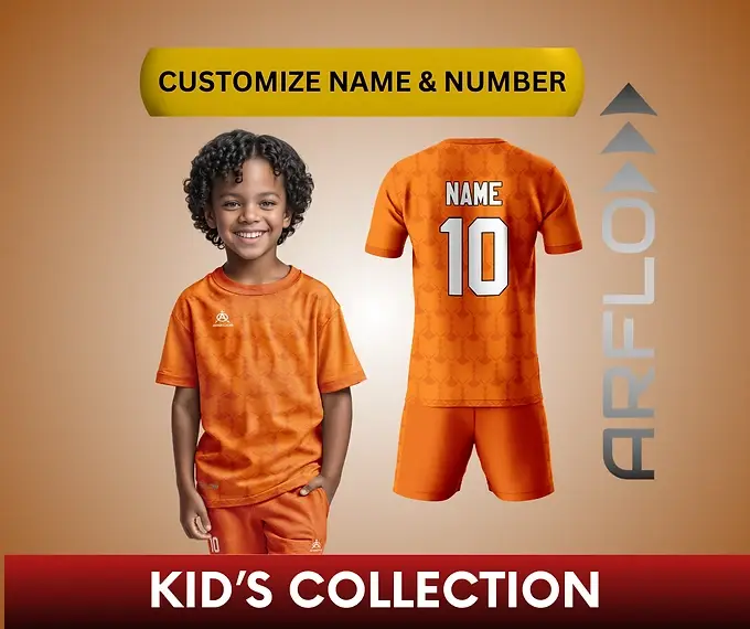 Kid's customizable soccer jersey, name, number 10, orange