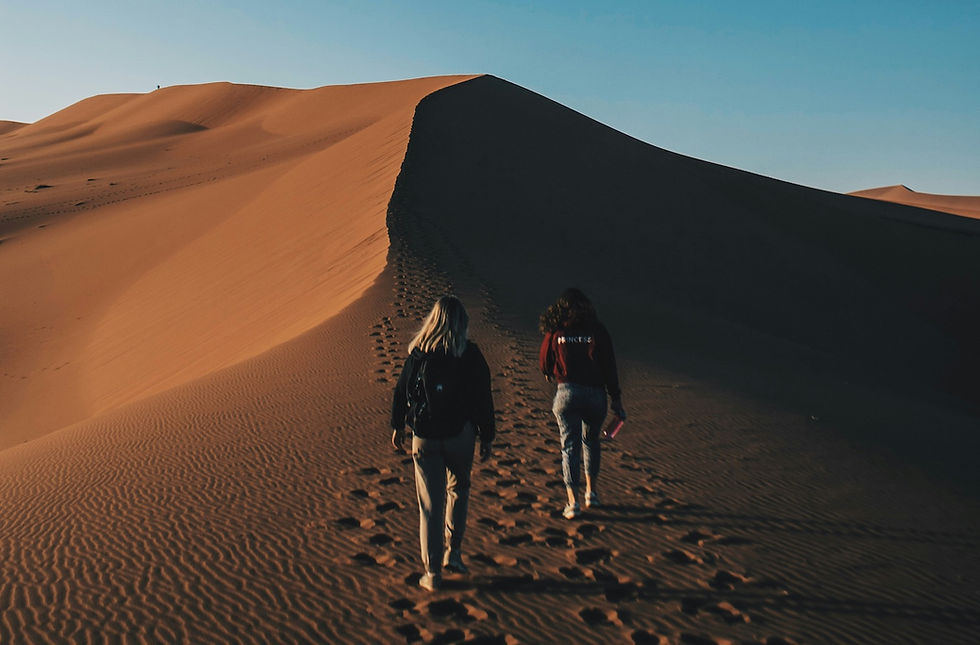 One person, walking behind another person in the desert landscape with orange sand and blue sky