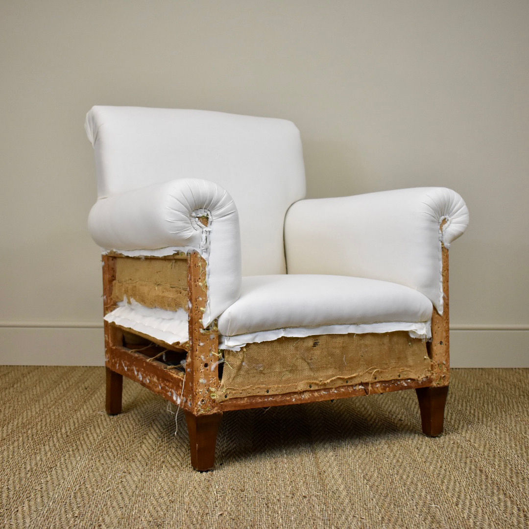 EARLY 20TH CENTURY ENGLISH ARMCHAIR (REUPHOLSTERY INCLUSIVE)