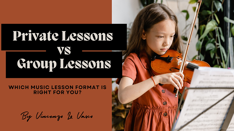 A girl in front of a music sheet playing the violin and on the left hand side the title of the blog: Private Lessons vs Group Lessons. Which music lesson format is right for you?
By Vincenzo Lo Vasco