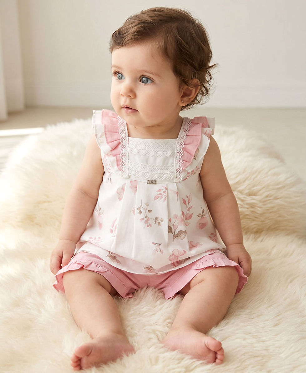 Thumbnail: Baby Girl Shorts Top Set Outfit Cotton Lace Floral Pink
