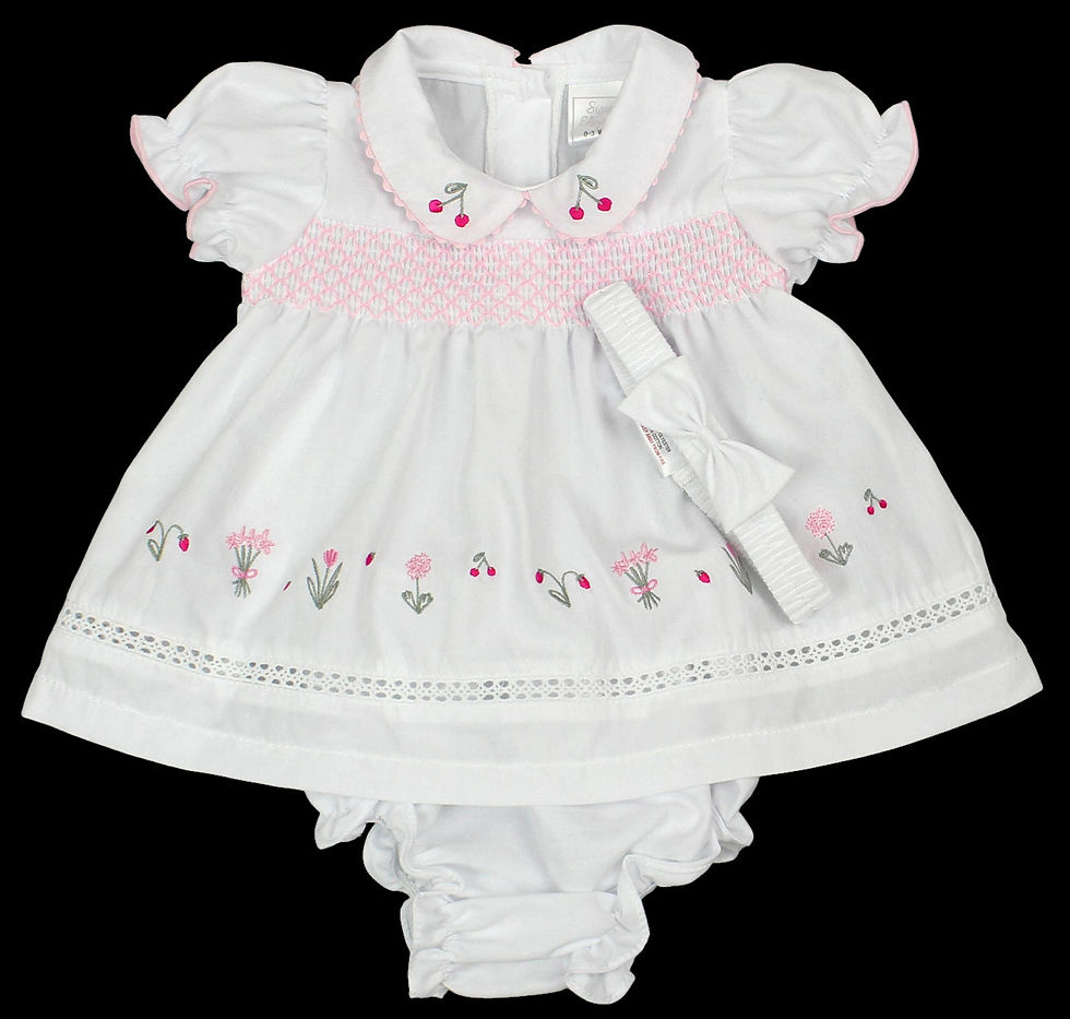 Thumbnail: Baby Girl Dress Set Outfit Smocked Embroidered Headband White