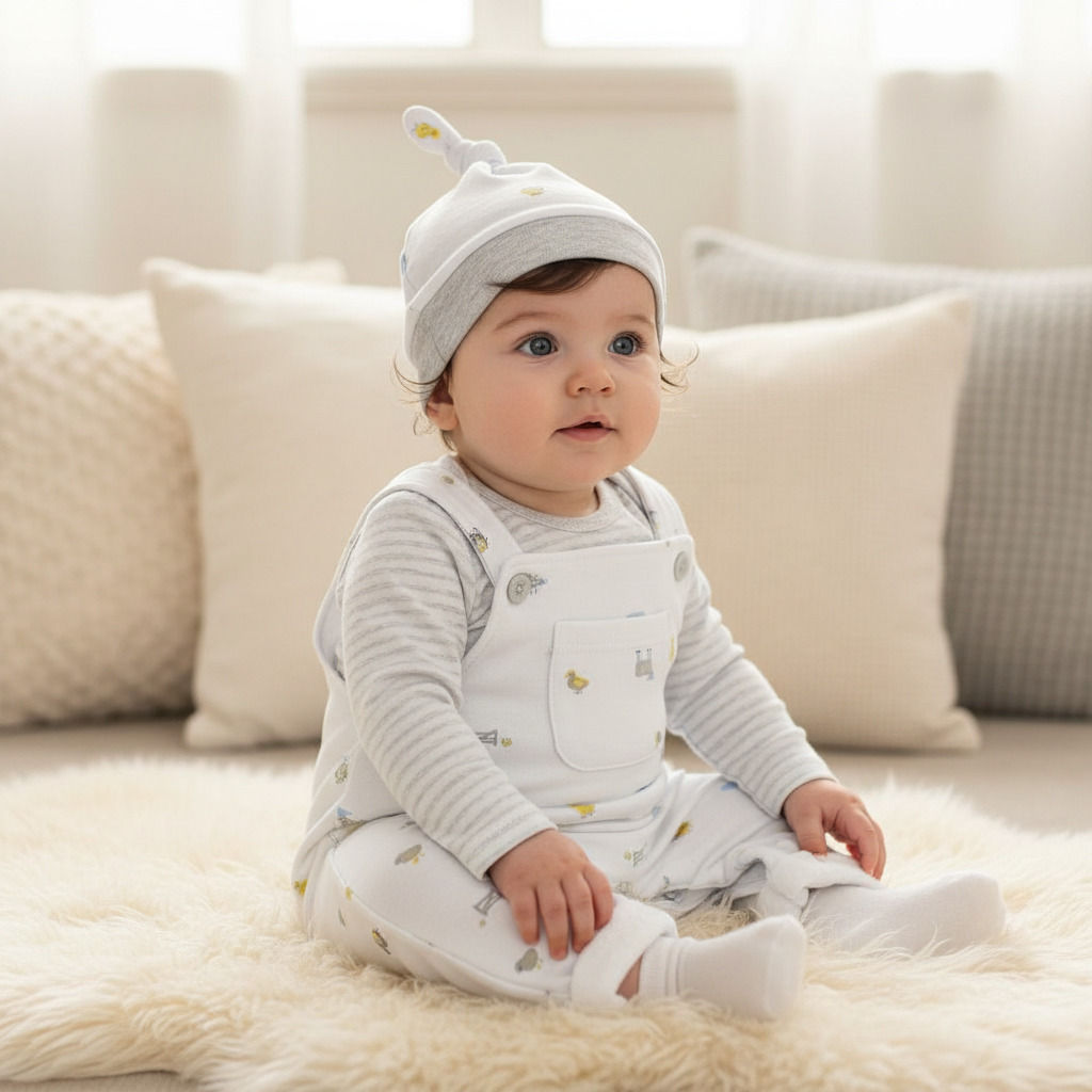 Baby Boy Dungaree Top Hat Set Outfit Chick White Grey