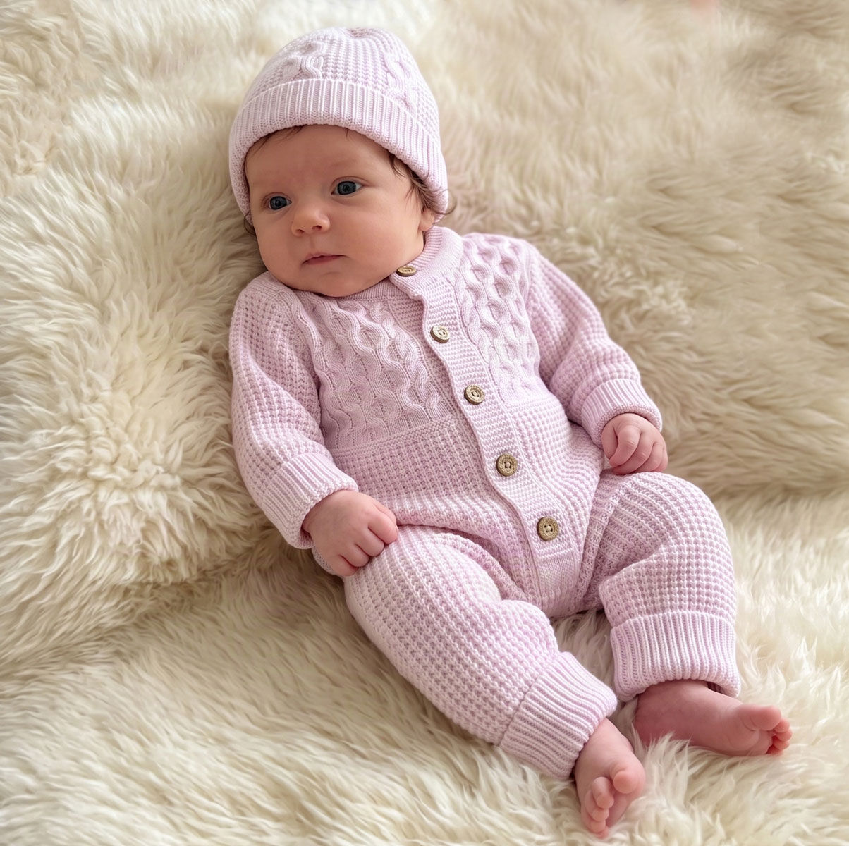 Baby Girl Chunky Knitted Romper & Hat Outfit Set PINK
